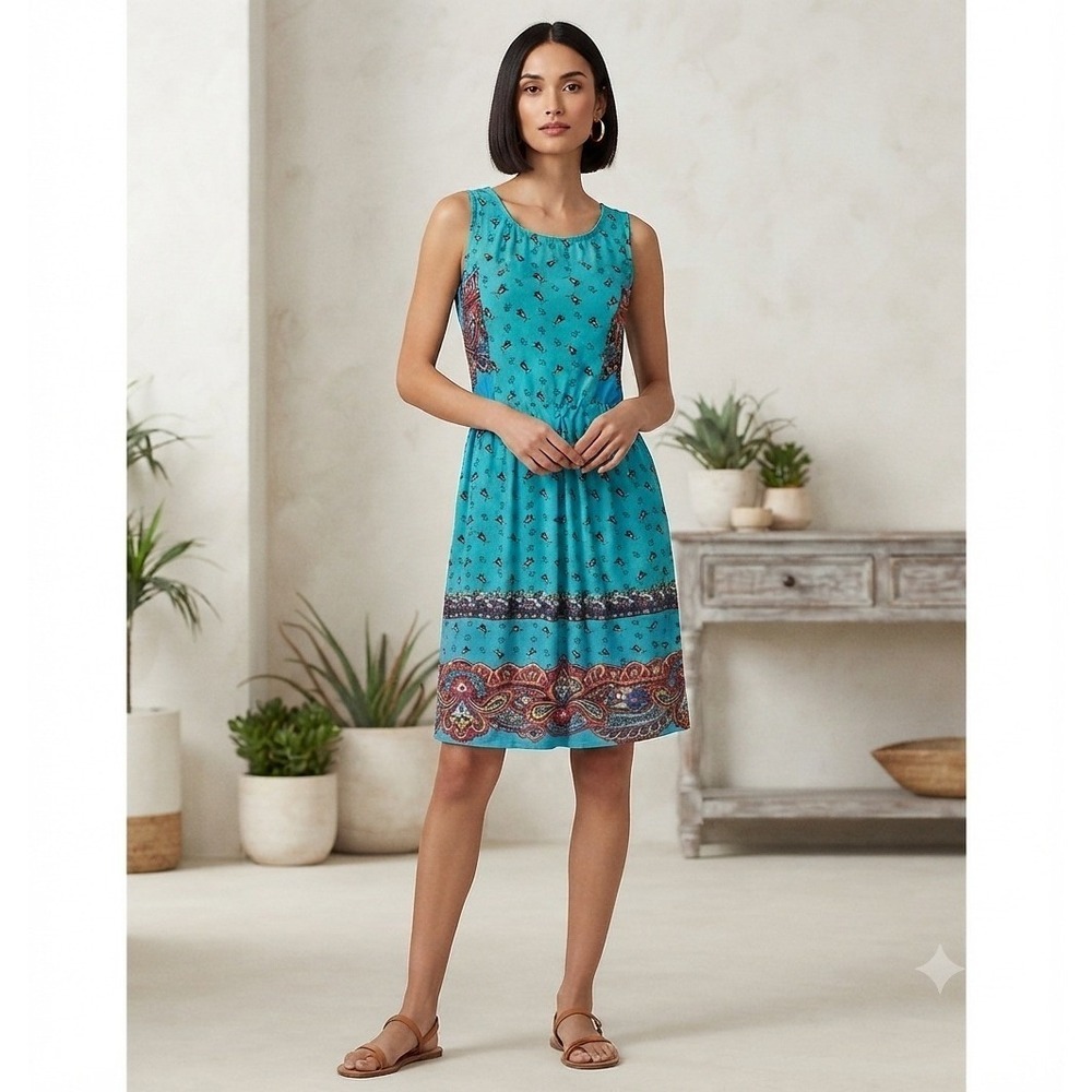Reborn Teal Paisley Floral Sleeveless Fit & Flare Boho Dress Medium RN140174